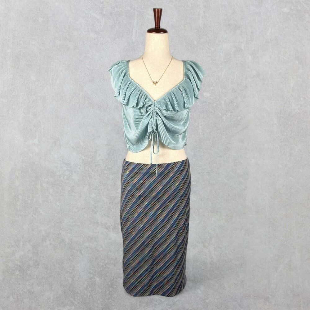 Vintage 90s Joule Blue Multicolor Diagonal Striped Midi Bodycon Skirt